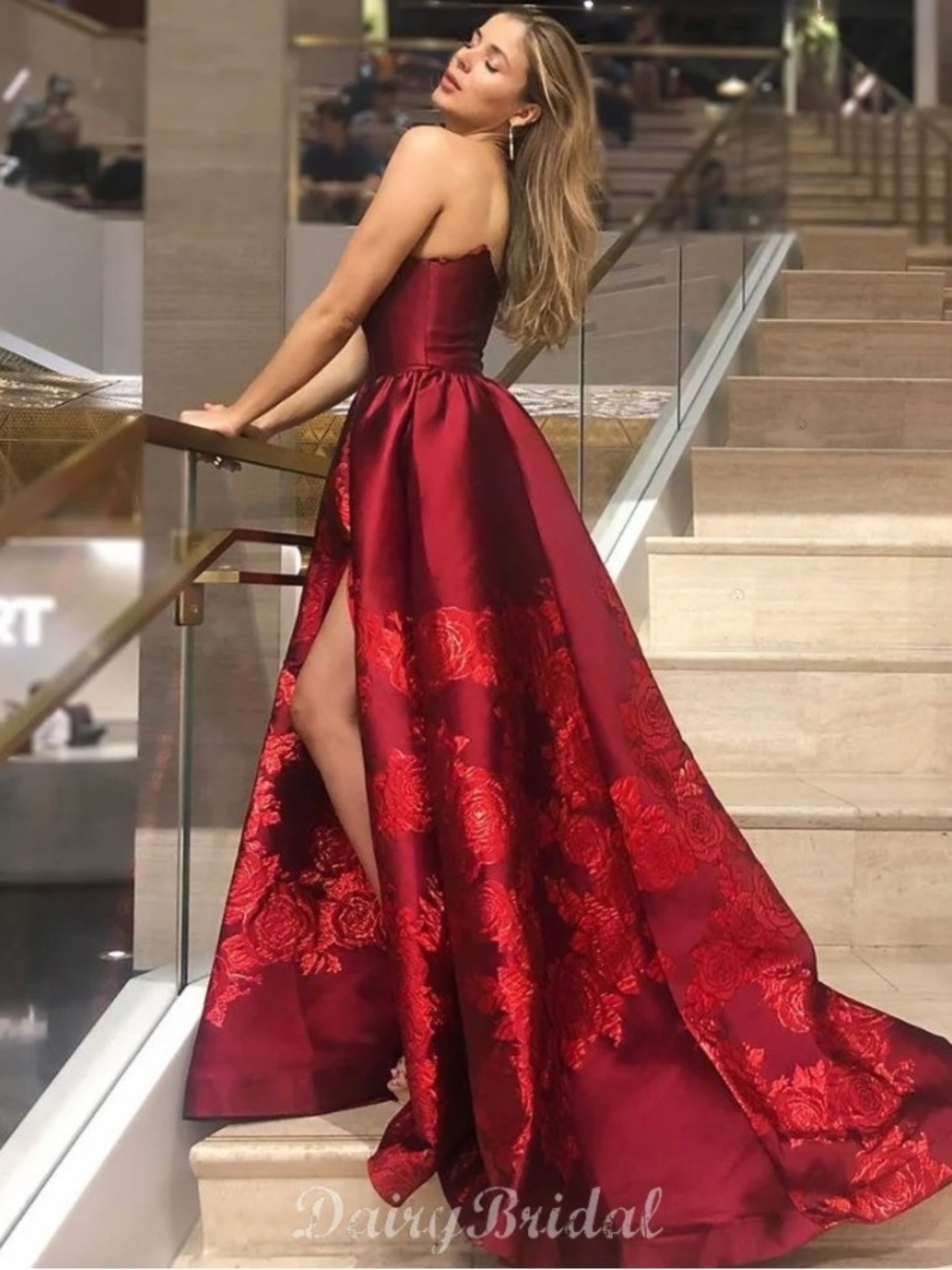Strapless Red Floral High-Slit Evening Gown